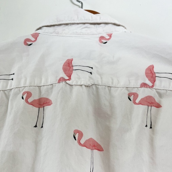 Denim & Flower Cotton Short Sleeves Button Down Shirt Pink Flamingos Slim L - Picture 4 of 9
